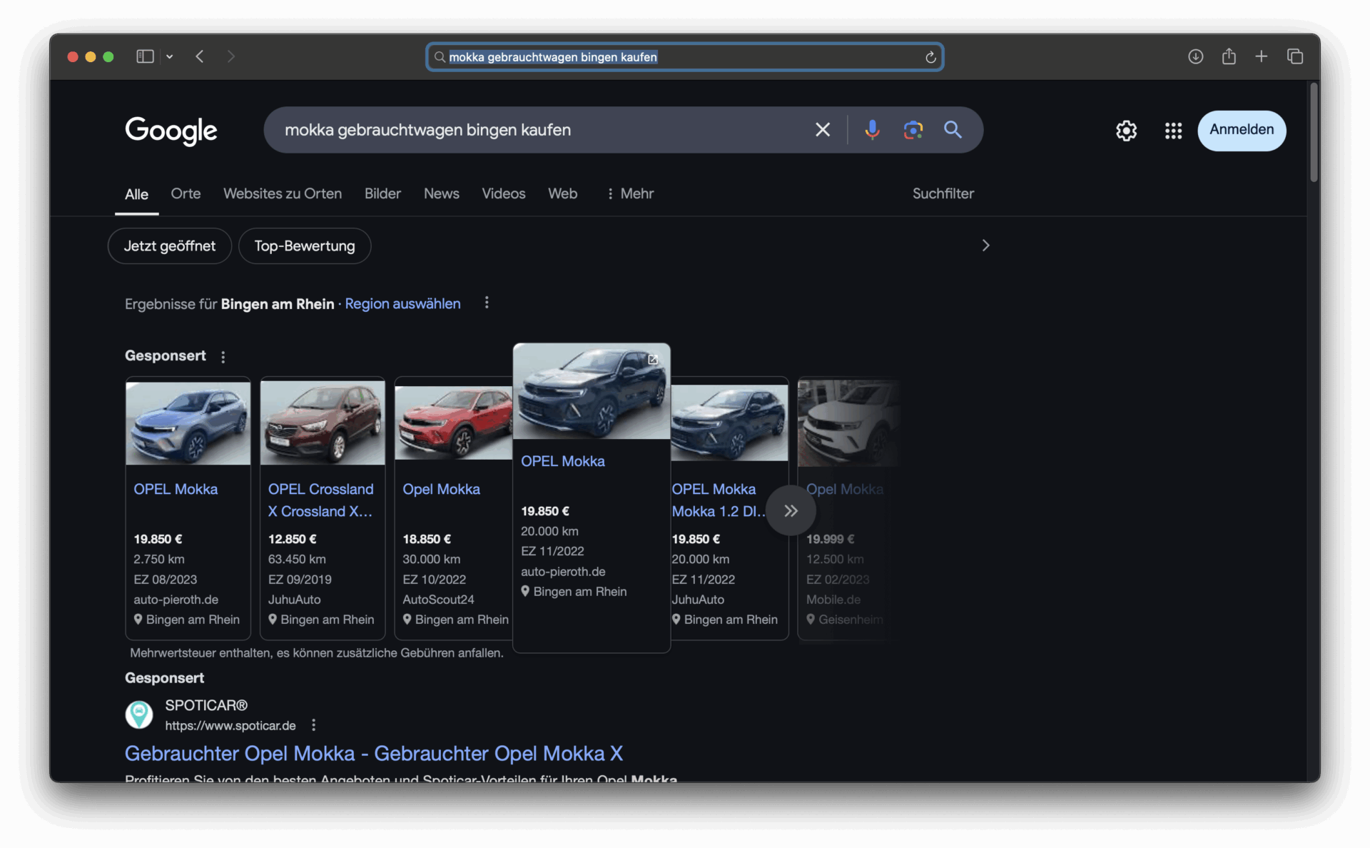 Google-Suchergebnis mit Fahrzeuganzeigen (Google Vehicle Ads) inklusive Bild, Preis und Standort